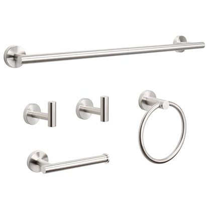 NearMoon 5 Pieces Bathroom Hardware Set SUS304 Thicken Stainless Steel-Towel Rack Kit Include 24" Towel Rod +Bath Towel Ring +Toilet Paper Holder +2 Robe Towel Hooks Bath Accessories (Nickel)