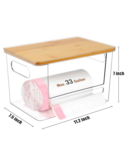 Trash Bag Dispenser 2 Pack - Under Sink Organizer, Plastic Bag Holder | Stackable Acrylic Garbage Bag Storage with Bamboo Lid for Kitchen Cabinet, 13/30/33 Gallon Grocery Bag Dispenser
