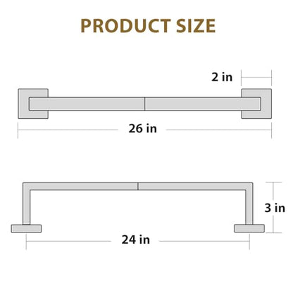24 Inch Matte Black Towel Bar, Square Base, Total Length 26-Inch | Thicken Towel Rack for Bathroom Wall, SUS304 Stainless Steel Towel Rod, Modern Home Decor