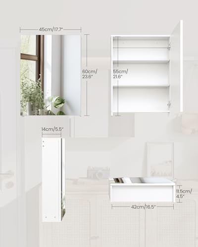 Bathroom Medicine Mirror Cabinet, 17.7'' x 23.6'', Wall-Mounted Bathroom Vanity with Mirror, Bathroom Medicine Cabinet with Storage Function, Hanging Storage Cabinet, Adjustable Shelves, White