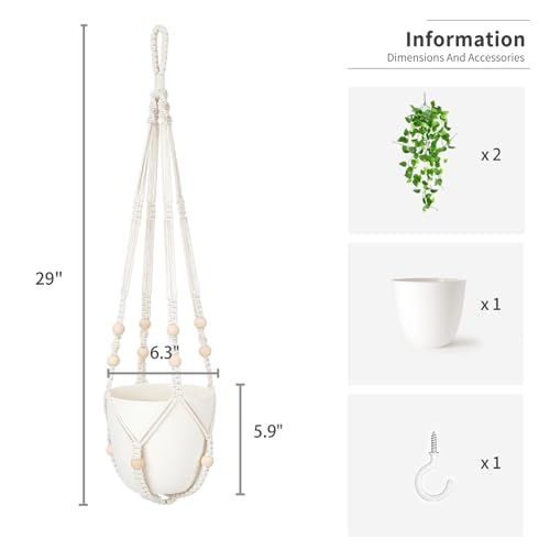 Mkono Fake Hanging Plant, Macrame Hanger with Pothos Vines & Pot, Ivory | Artificial Hanging Plants for Home Decor Indoor, Realistic Look, Perfect for Bedroom Bathroom Kitchen Office Boho Display