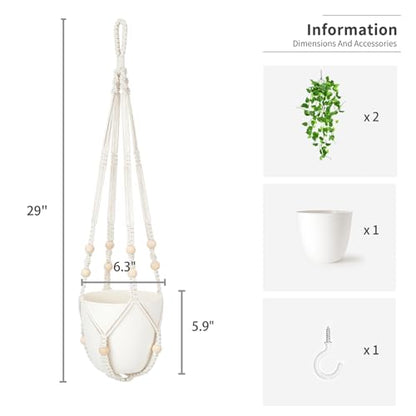 Mkono Fake Hanging Plant, Macrame Hanger with Pothos Vines & Pot, Ivory | Artificial Hanging Plants for Home Decor Indoor, Realistic Look, Perfect for Bedroom Bathroom Kitchen Office Boho Display