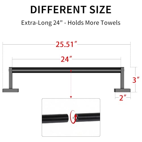 MKO Towel Bar for Bathroom, 24" 2 Pack Wall Mounted Towel Rack, Black | Hand Towel Holder Rod with Heavy-Duty Stainless Steel for Bathroom Kitchen Hanger, 2 Pack Value