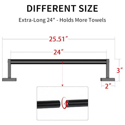MKO Towel Bar for Bathroom, 24" 2 Pack Wall Mounted Towel Rack, Black | Hand Towel Holder Rod with Heavy-Duty Stainless Steel for Bathroom Kitchen Hanger, 2 Pack Value