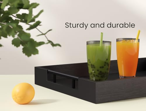 Fibogollo Bamboo Serving Trays with Metal Handles,Medium(Black) | 15 x 10Inch Ottoman Decorative Trays Platter for Coffee Table,Living Room,Bar,Party,Holiday Hosting and Outdoor Entertaining