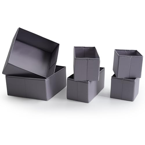 Drawer Organizers, Durable Fabric, Washable, with Base Support Boards, Small Storage Boxes for Bathroom, Closet, Dresser, Set of 6, Dark Grey