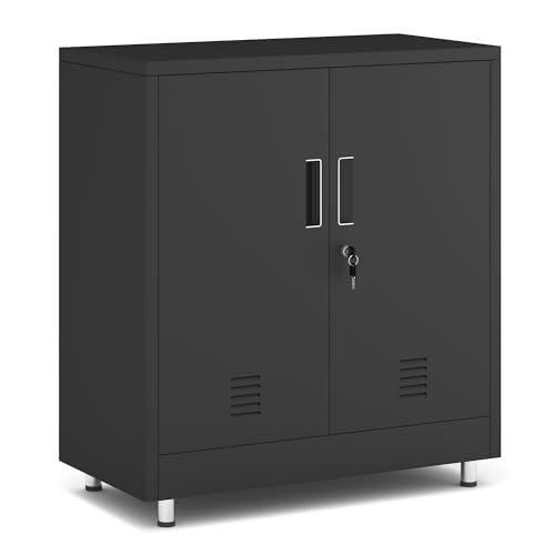 Metal Storage Cabinet with Locking Doors and Adjustable Shelf, Small Lockable Sideboard Buffet Cabinet for Home Office Hallway Entryway Living Dining Room (Black)
