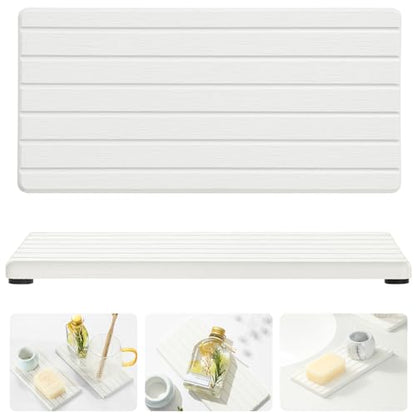 2PCS Water Absorbing Stone Drying Tray Mat for Bathroom Sink & Kitchen Counter Faucet Organizer, Quick Dry Dish Rack Soap Dispenser Sponge Holder, Vanity Sink Caddy Bar Coaster, Ivory White 8“x 4”