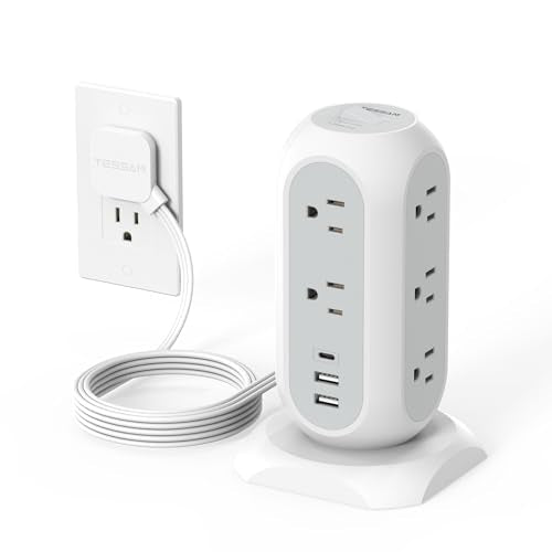 TESSAN Tower Power Strip Flat Plug with 1050J Surge Protection, 6 Ft, Grey | 11 Outlets 3 USB (1 USB C), Surge Protector Power Tower, Extension Cord with Multiple Outlets, Dorm, Office Desk Supplies