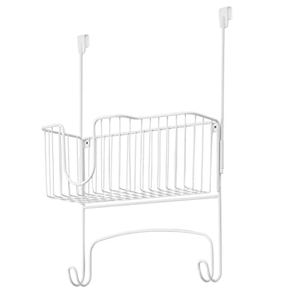 mDesign Steel Metal Over Door Ironing Board Holder with Large Storage Basket for Laundry, Utility, Mudroom, Garage - Holds Iron, Board, Spray Bottles, Starch, Detergent, Fabric Refresher - White