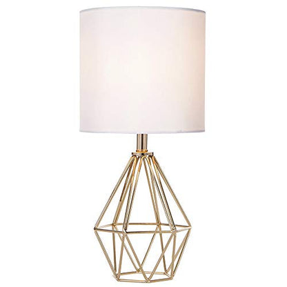 Gold Modern Hollow Out Base Bedroom Small Table Lamp,Bedside Nightstand Lamp with Geometric Metal Base White Fabric Shade,Cute Desk Lamp for Kids Living Room