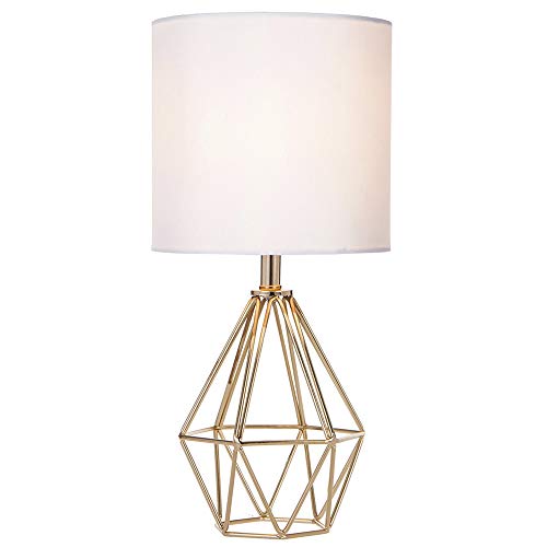 Gold Modern Hollow Out Base Bedroom Small Table Lamp,Bedside Nightstand Lamp with Geometric Metal Base White Fabric Shade,Cute Desk Lamp for Kids Living Room