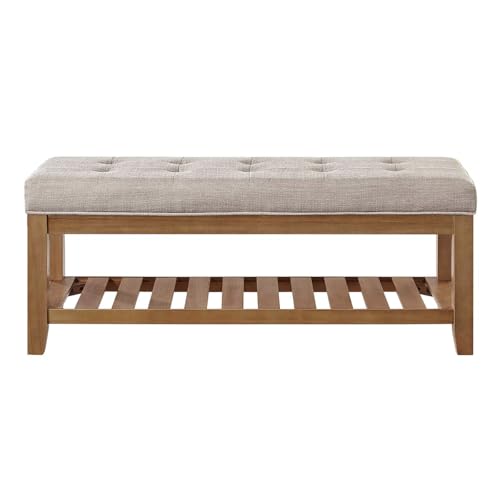 24KF Large Rectangular Upholstered Tufted Linen Fabric Ottoman Bench, Padded Bench with Solid Wood Shelf-Linen