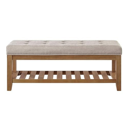 24KF Large Rectangular Upholstered Tufted Linen Fabric Ottoman Bench, Padded Bench with Solid Wood Shelf-Linen