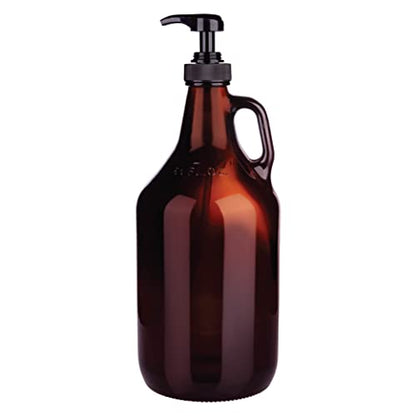 Large Amber Pump Bottle for Salons, Shampoo, Conditioner, Hair Serum, Gel - Half Gallon Glass Jug Pump Dispenser - 64 oz Capacity - Pack of 1- by Kitchentoolz