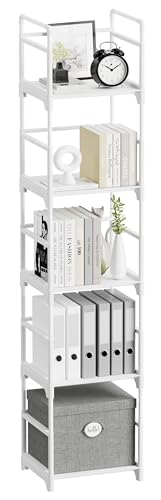 FIDUCIAL HOME 5 Tiers Narrow Bookshelf White Skinny Open Book Shelf | Slim Thin Small Spaces for Space Saving, Easy to Assemble, 12"L x 10"W x 57.2"H