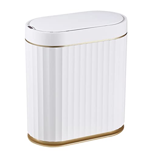ELPHECO Bathroom Trash Can with Lid, 2 Gallon, Motion Sensor, White Gold | Automatic Garbage Can, IPX5 Waterproof Plastic Wastebasket, Trash Bin for Bathroom, Bedroom, Kitchen and Office