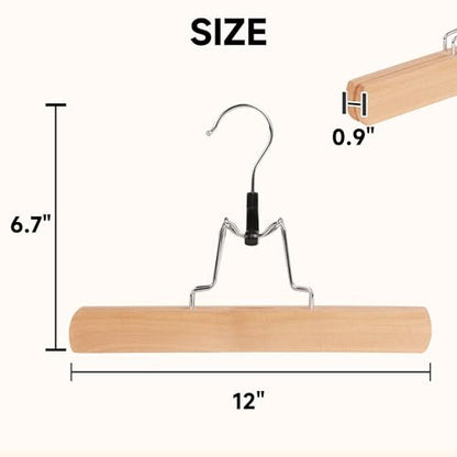 Wooden Non Slip Pants Hangers with Soft Felt Lining, 12-Pack, 12" | Solid Wood Clamp Hangers, 360° Swivel, for Skirts, Jeans, Slacks, Trousers, Shorts