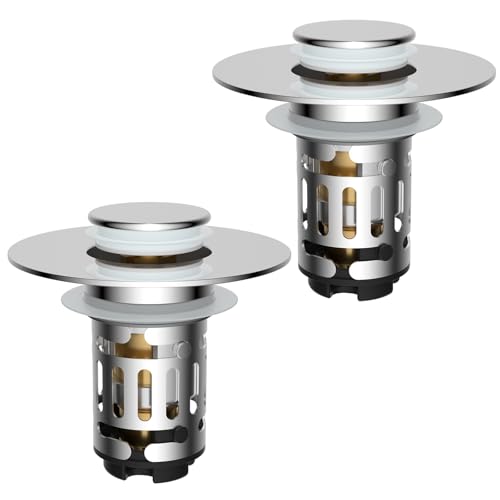 Hibbent 2 Pack 3 in 1 Bathroom Sink Drain Strainer, Universal Pop Up Stopper with Removable Stainless Steel Filter Basket Hair Catcher, Sink Plug for 1.1''~2.36'' Basin, Brass Bullet Core, Chrome