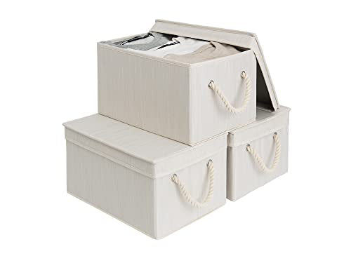 Storage Bins with Lids, Decorative Storage Boxes w... (3 Count | Ivory and White | Fabric)