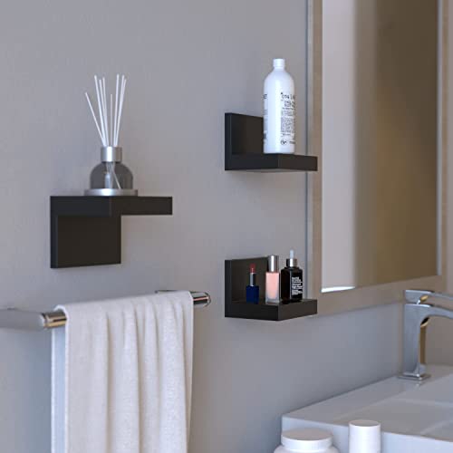 RICHER HOUSE 7-Set Small Floating Wall Shelf, No Drill Bathroom Shelf Black | Display Ledge Shelf, Adhesive or Screw Dual-Mount, Mini Plastic Shelf for Bedroom Dorm Decor, Renter friendly, 4x3.3x3 Inch