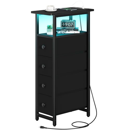 LED Narrow Nightstand with Charging Station - Slim... (Deep Black | Engineered Wood)
