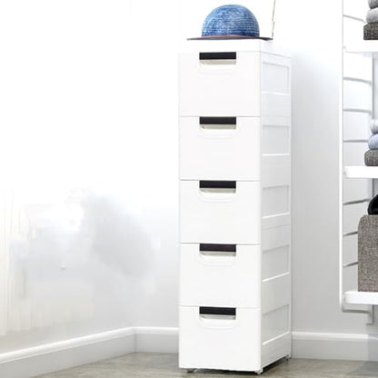 5 Drawers Narrow Slim Plastic Storage Cabinet,Storage Drawer with 4 Wheels,5 Tier Drawers Dresser,White