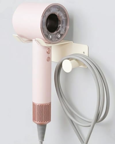 Hair Dryer Holder, Dyson Hair Dryer Holder, Blow Dryer Holder with Cord Hook SUS304 Stainless Steel Wall Mount, Self Adhesive/Screw Space Saving Hairdryer Holder for Bathroom White