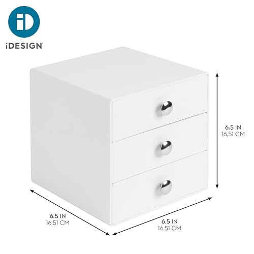 iDesign 3-Drawer Plastic Vanity Organizer, Compact Storage Organization Drawers Set for Cosmetics, Dental Supplies, Hair Care, Bathroom, Dorm, Desk, Countertop, Office, 6.5" x 6.5" x 6.5", White | Bathroom Storage, Vanity Storage