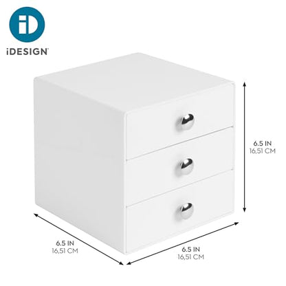 iDesign 3-Drawer Plastic Vanity Organizer, Compact Storage Organization Drawers Set for Cosmetics, Dental Supplies, Hair Care, Bathroom, Dorm, Desk, Countertop, Office, 6.5" x 6.5" x 6.5", White | Bathroom Storage, Vanity Storage