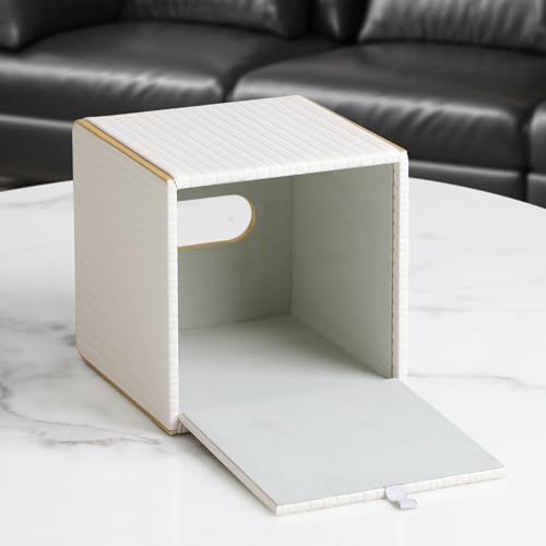 Square PU Leather Tissue Box Cover with Magnetic Closure, Decorative Tissue Holder & Storage Container for Bedroom, Living Room, Dining Room, Bathroom, Countertop, Desk & Office (White)