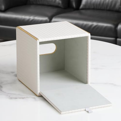 Square PU Leather Tissue Box Cover with Magnetic Closure, Decorative Tissue Holder & Storage Container for Bedroom, Living Room, Dining Room, Bathroom, Countertop, Desk & Office (White)