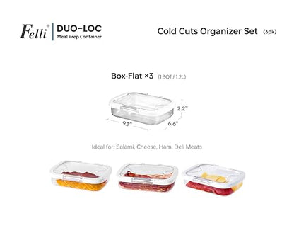 Felli Duo Loc Deli Meat Containers for Fridge with Airtight Lids, Stackable Refrigerator Organizer for Lunch Meat Storage Sandwich Ham Cheese Salami Sliced Turkey, Clear Tritan Box (Cold Cuts 3pk)