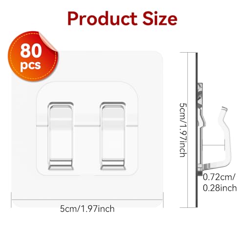 Hooks for Outdoor String Lights, 80 Pack Heavy Duty Cable Clips, Damage Free Cord Clips, Waterproof and UV-Resistant, Clear Self-Adhesive Hooks for Hanging Christmas Lights Outdoor and Patio Decor