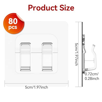 Hooks for Outdoor String Lights, 80 Pack Heavy Duty Cable Clips, Damage Free Cord Clips, Waterproof and UV-Resistant, Clear Self-Adhesive Hooks for Hanging Christmas Lights Outdoor and Patio Decor