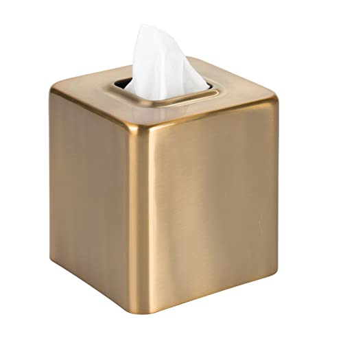 mDesign Metal Square Tissue Box Cover, Modern Facial Paper Holder - Accessories for Bathroom Vanity Countertop, Bedroom Dresser, Night Stand, Desk, Office and End Table - Unity Collection - Soft Brass