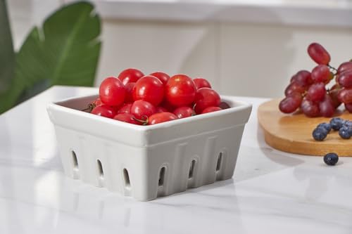 ONEMORE Ceramic Berry Basket, Square Fruit Bowls, Rustic Stoneware Berry Colander Set of 2, 5.7 inch, Gray & Light Green
