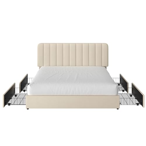 VECELO Queen Size Upholstered Bed Frame with 4 Drawers and Headboard, Velvet Platform Storage Bedframe, Wooden Slats Support, No Box Spring Needed, Beige