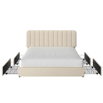 VECELO Queen Size Upholstered Bed Frame with 4 Drawers and Headboard, Velvet Platform Storage Bedframe, Wooden Slats Support, No Box Spring Needed, Beige