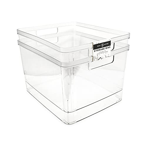 Isaac Jacobs 2-Pack Extra-Large Clear Storage Bins (11.5” L x 14” W x 9” H) | Cutout Handles, Plastic Organizer for Home, for Kitchen, Fridge, Pantry, BPA Free, Food Safe (2-Pack, Extra-Large)