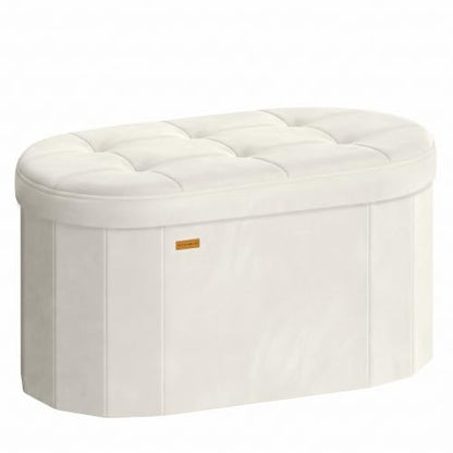 SONGMICS Mazie Collection - Folding Ottoman with Storage, Oval Storage Ottoman Bench, for Living Room, Bedroom, Velvet Fabric, 15 x 30 x 15 Inches, Cream White ULSF267LH01