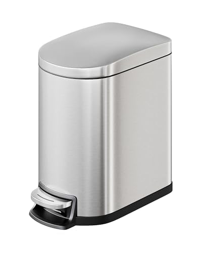 GarveeHome 1.6 Gal Step-On Trash Can, Stainless Steel Small Bathroom Garbage Bin with Soft Close Lid, Slim Space-Saving Design, Removable Inner Bucket for Bathroom, Bedroom, Office, Silver