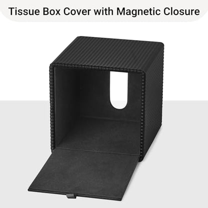 Mkono Tissue Box Cover, PU Leather Square Holder with Bottom, Black | Decorative Facial Cube Organizer, Vanity Dresser Countertop Tabletop, Bathroom Bedroom Office Nightstand, Home Decor Accent