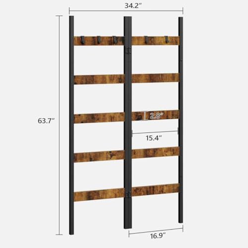 Foldable Blanket Ladder, 5-Tier Ladder Shelf, Decorative Ladder with 5 Removable Hooks, Wall-Leaning Blanket Holder for Towel, Scarves, Quilt Display Rack for Living Room, Rustic Brown