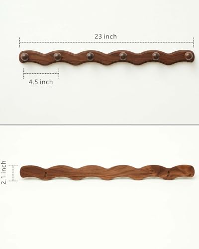 Wood Coat Rack Wall Mount - Walnut Coats Hook Hanger Wall-Mounted, Wave-Shaped Entryway Hanging Racks with 6 Hooks for Jacket Keys Hats Robes Towels Bags, Living Room Mudroom Bathroom Bedroom Hallway