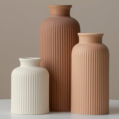 Large Modern Ceramic Vase Set, Coffee Ribbed Matte Design, 3-Piece Decorative Vases for Home, Living Room, Office (XL Coffee Mix)