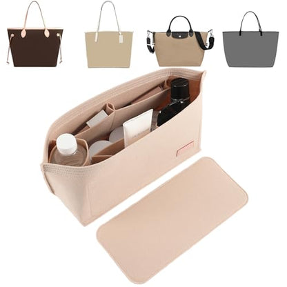 Purse Organizer Insert for Handbags & Base Shaper 2pc Set, Felt Neverfull MM Organizer Insert, Tote Bag Organizer with Zipper Pocket and Bottle Holder, Fit Speedy 30 Neverfull MM and More,Beige-L