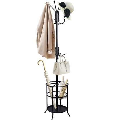 Freestanding Coat Rack with Umbrella Holder,Metal Coat Tree with 12 Hooks for Hanging Coat,Hats,Bag, Black Modern Coat Rack Stand Umbrella Stand for Entryway, Living Room, Bedroom, Office
