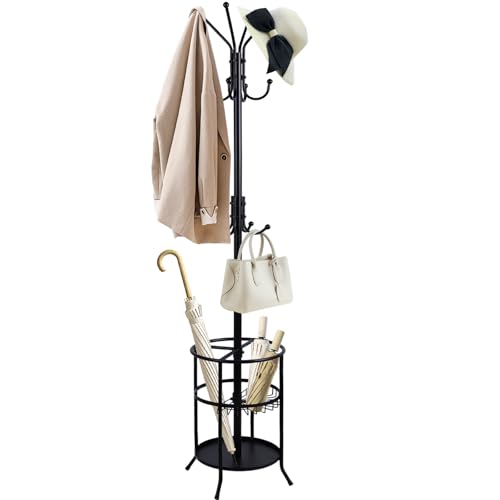 Freestanding Coat Rack with Umbrella Holder,Metal Coat Tree with 12 Hooks for Hanging Coat,Hats,Bag, Black Modern Coat Rack Stand Umbrella Stand for Entryway, Living Room, Bedroom, Office