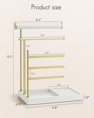 VLANDO Jewelry Stand Organizer with Ring Holder, Jewelry Holder Organizer with Tray, Necklace Holder Bracket Holder Earring Holder - White